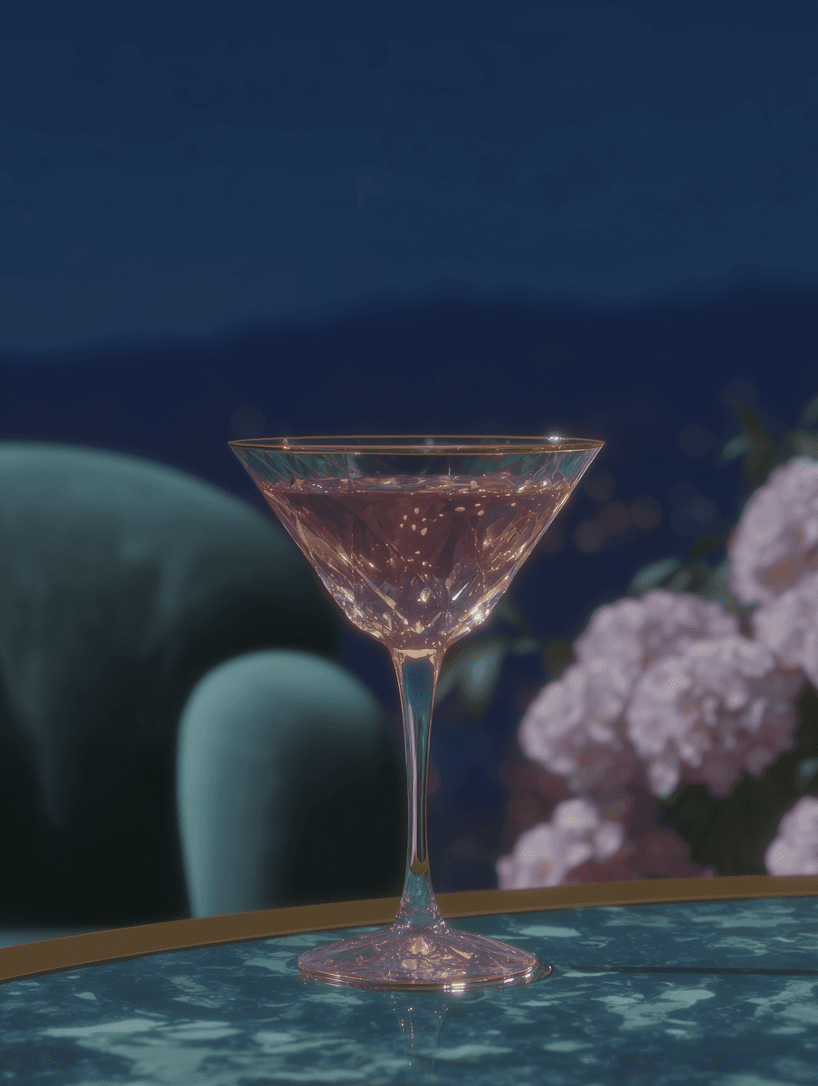 A close-up of a pink cocktail in a martini glass, set against a nighttime background with soft, blurred colors.